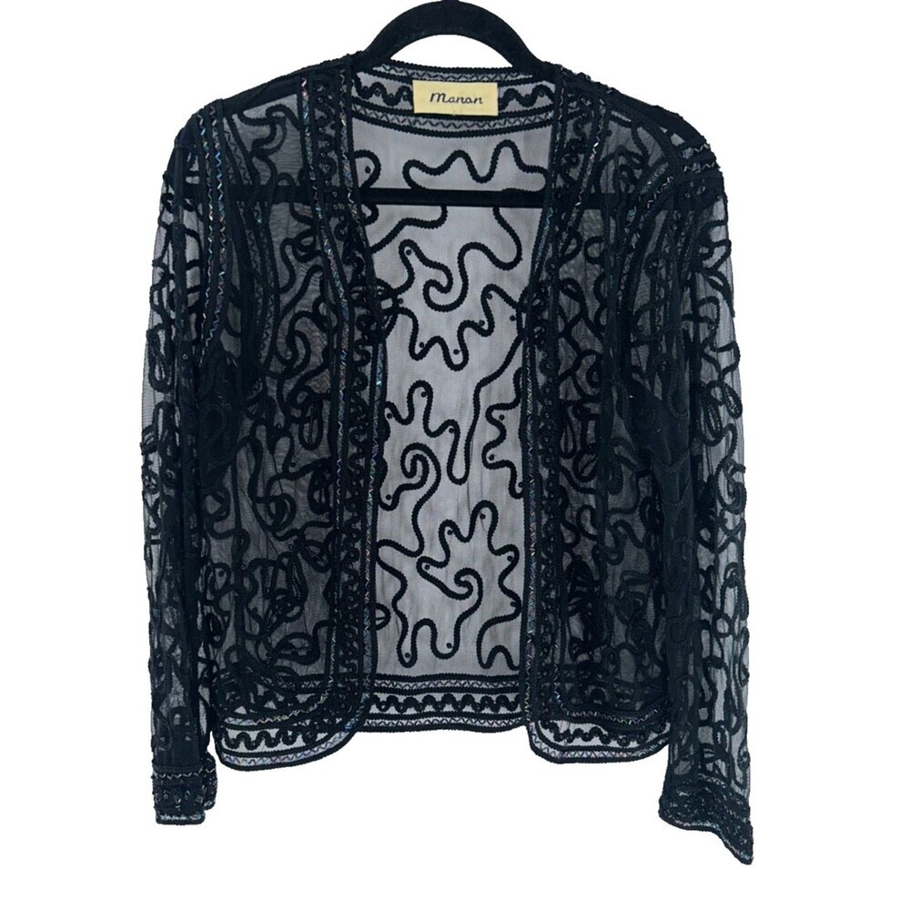 Women's Manan Black Sheer Embroidered Beaded Evening Open Front Size M?